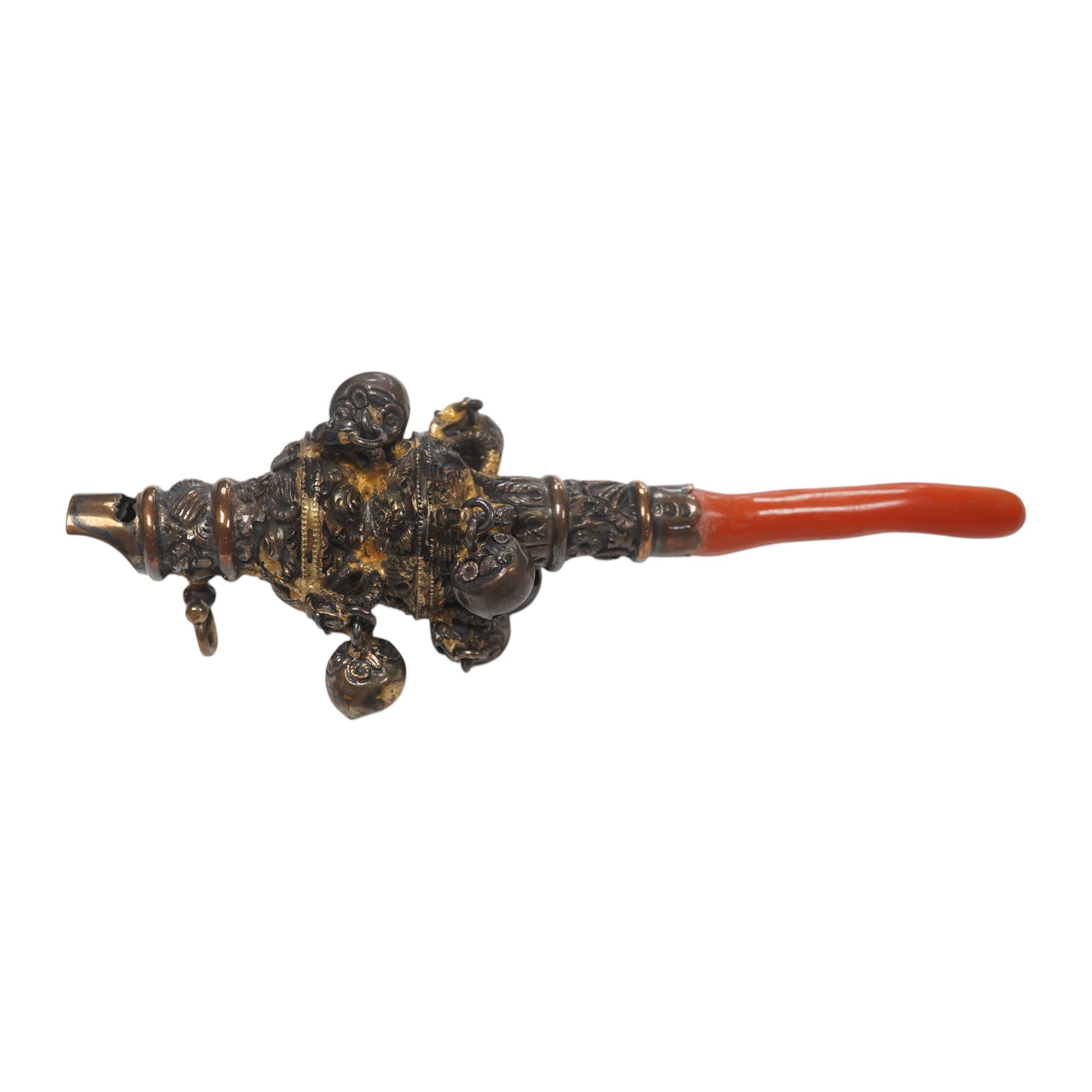 A late George III silver gilt and coral mounted child's rattle, London, 1817, 14.2cm. Condition - poor to fair